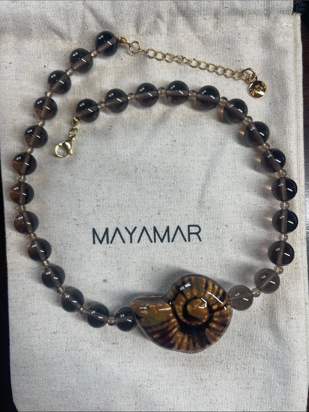 Gray Genuine Quartz Gold-Accent Smoky Brown Beaded Shell Necklace by Mayamar - Picture 3 of 4